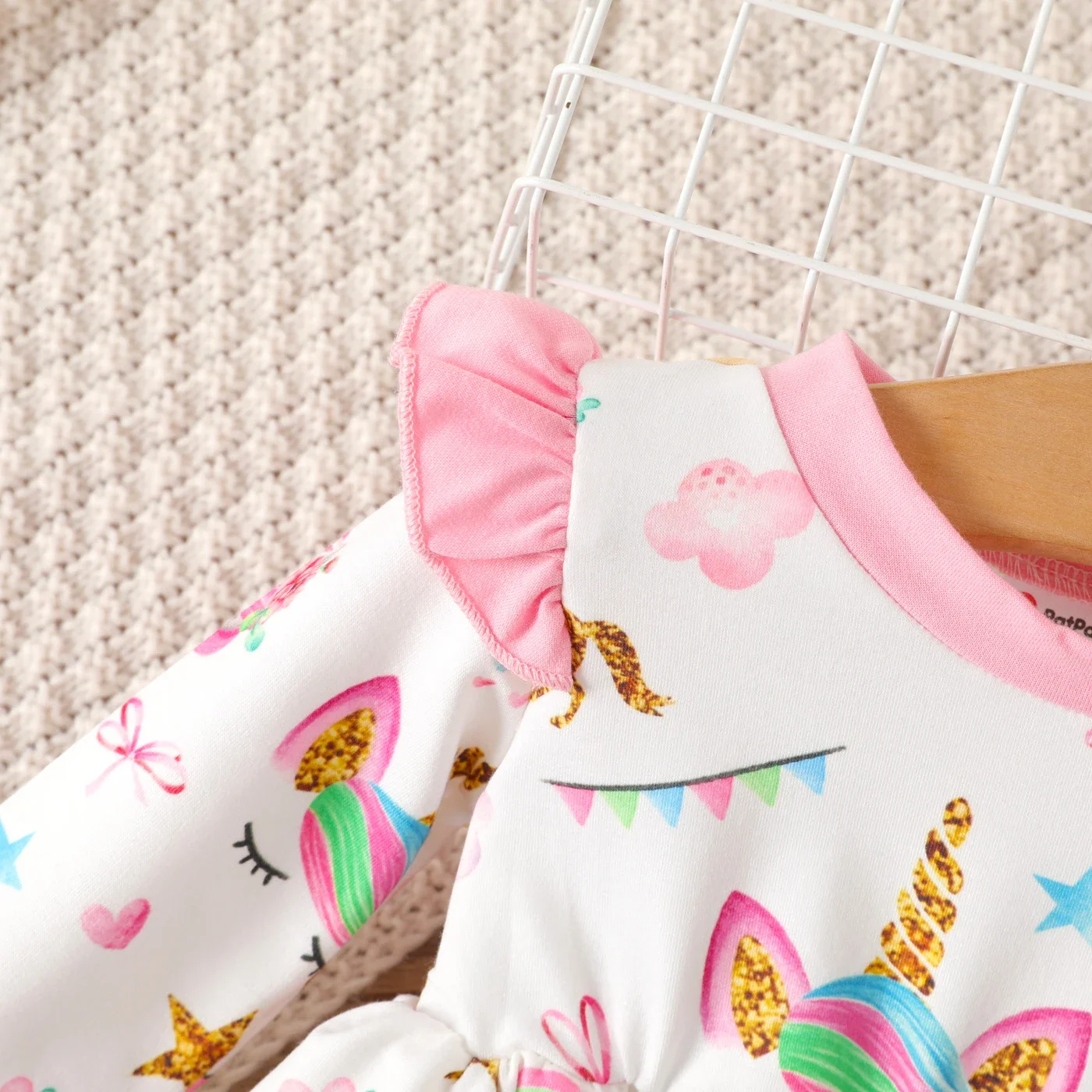 PatPat Baby Girl Sweet Ruffle Edge Animal Unicorn Pattern Long Sleeve Dress Casual/Outdoor Full print Animal pattern