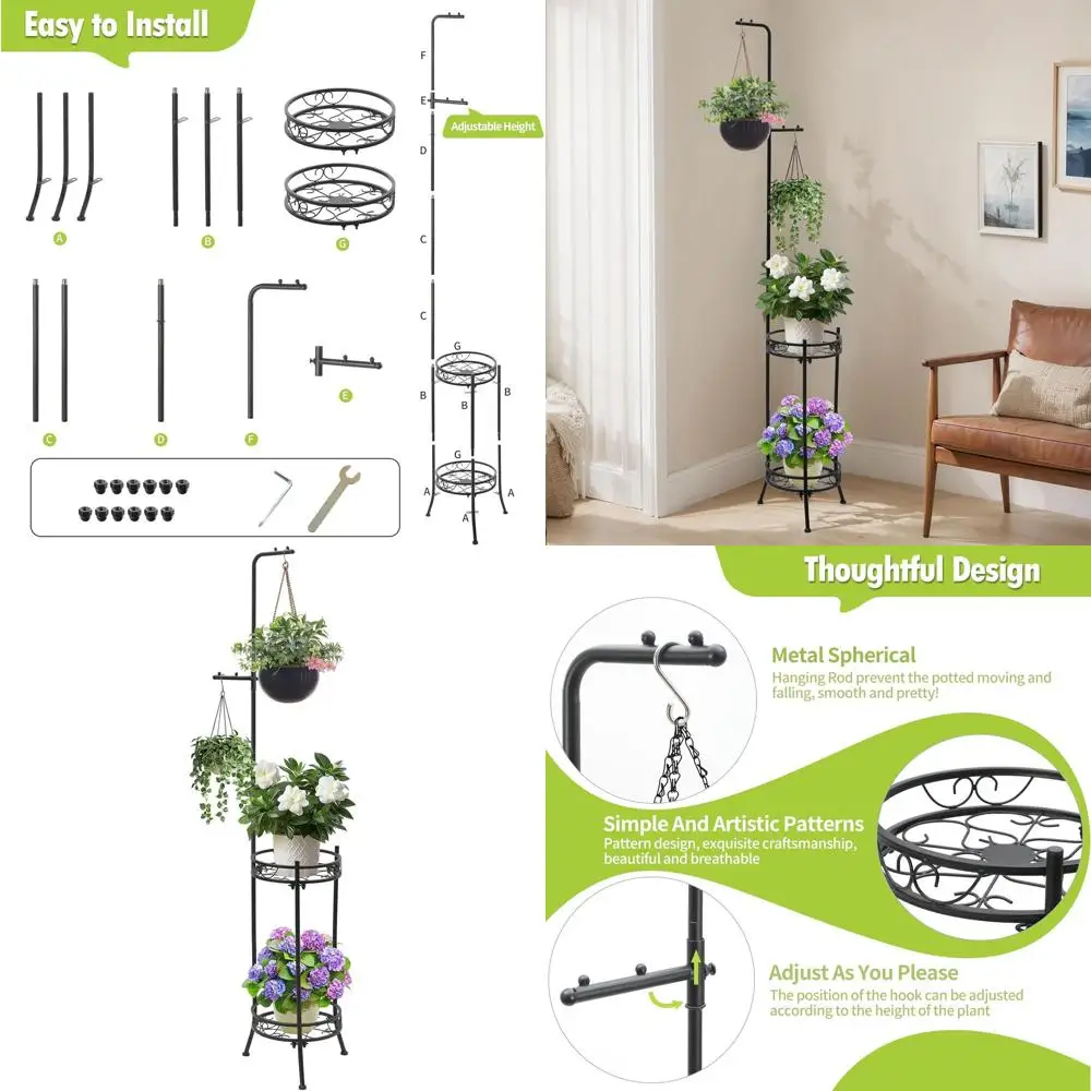 

Двухуровневая регулируемая металлическая подставка для растений, высота 72 дюйма, для использования в помещении и на улице, черная, идеально подходит для гостиной и патио
