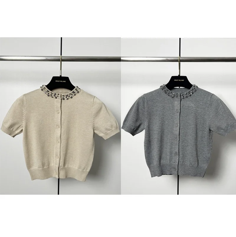 

Spring Summer 2024 ort Sve Knitted Cardigan Ele round Ne ort Length Top with Water Diamond Design Women's Outerwear