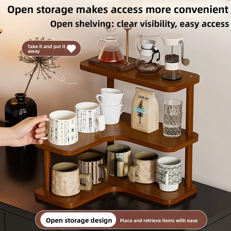 L-Shaped 3-Tier Corner Shelf Wooden Desktop Organizer Walnut Storage Rack for Coffee Bar Cosmetic Spice Kitchen Counter Stand