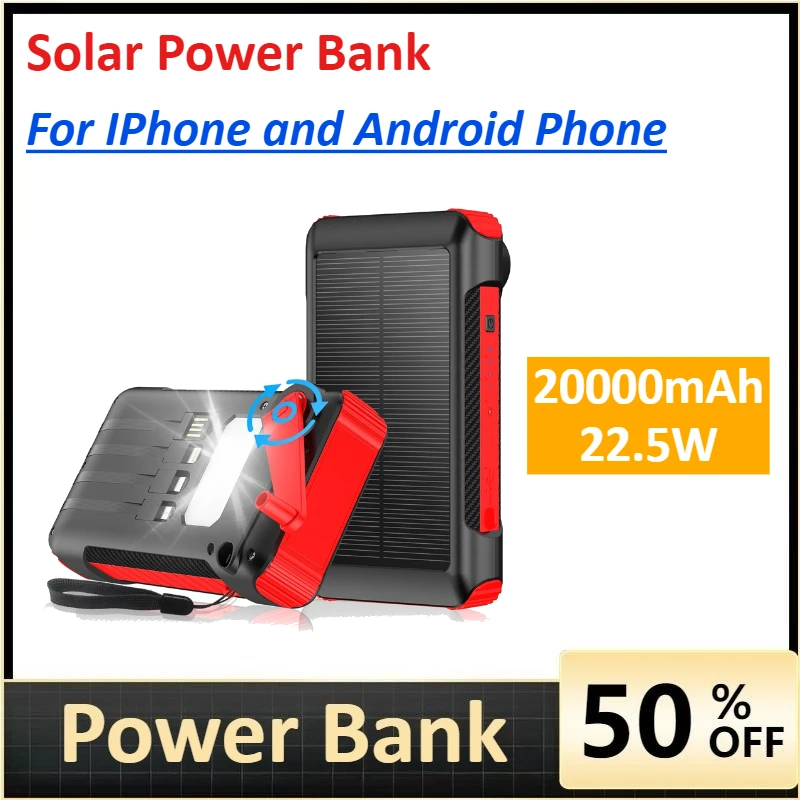 

20000mAh 22.5W Fast Charging Solar Power Bank for IPhone and Android Phone Cables External Battery