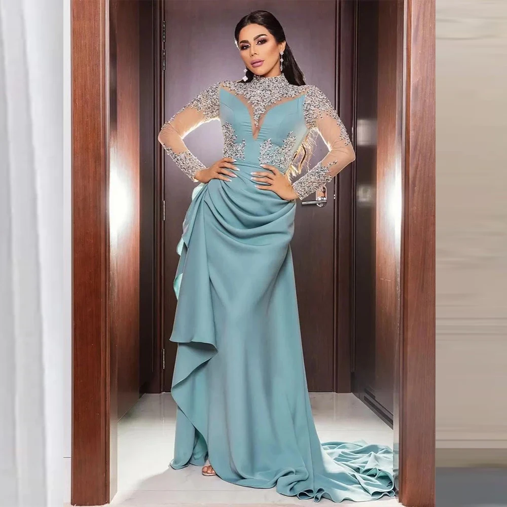 Beading Lace long Sleeves Evening Dresses Women Luxury 2023 Satin Pleats V Neck Elegant Blue Tailed Prom Gowns Dubai Gala Robe