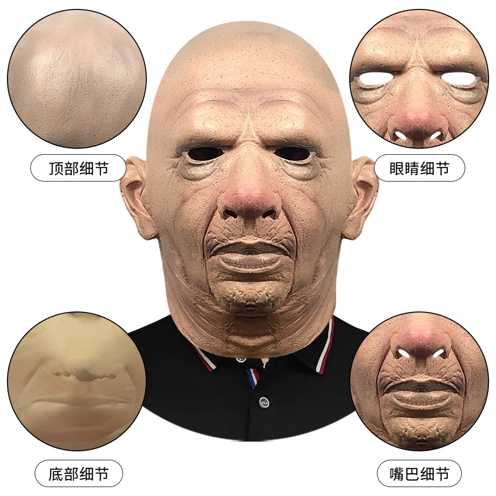Realistische Alte-Mann-Maske Glatzkopf-Gesichtsmaske mit Falten Vollkopfmaske Halloween-Maskerade-Kostüm-Requisiten – Detail 4
