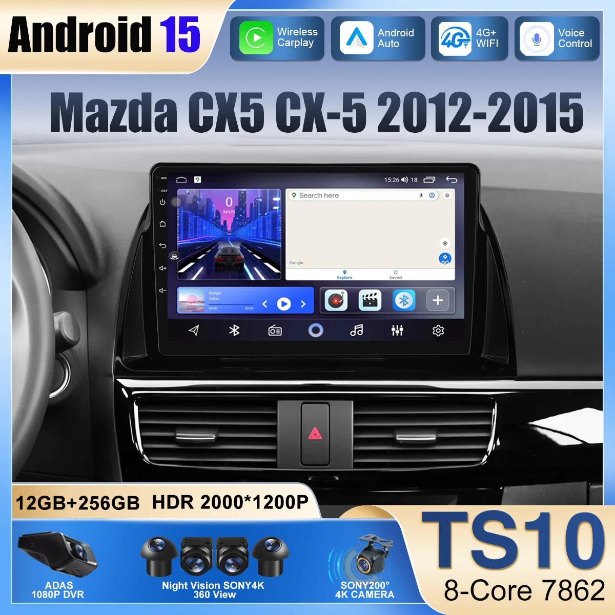 Car Radio For Mazda CX5 CX-5 2012 2013 2014 2015 Wireless Carplay Android Auto Stereo Multimedia Player Android 14 WiFi 4G 2 Din