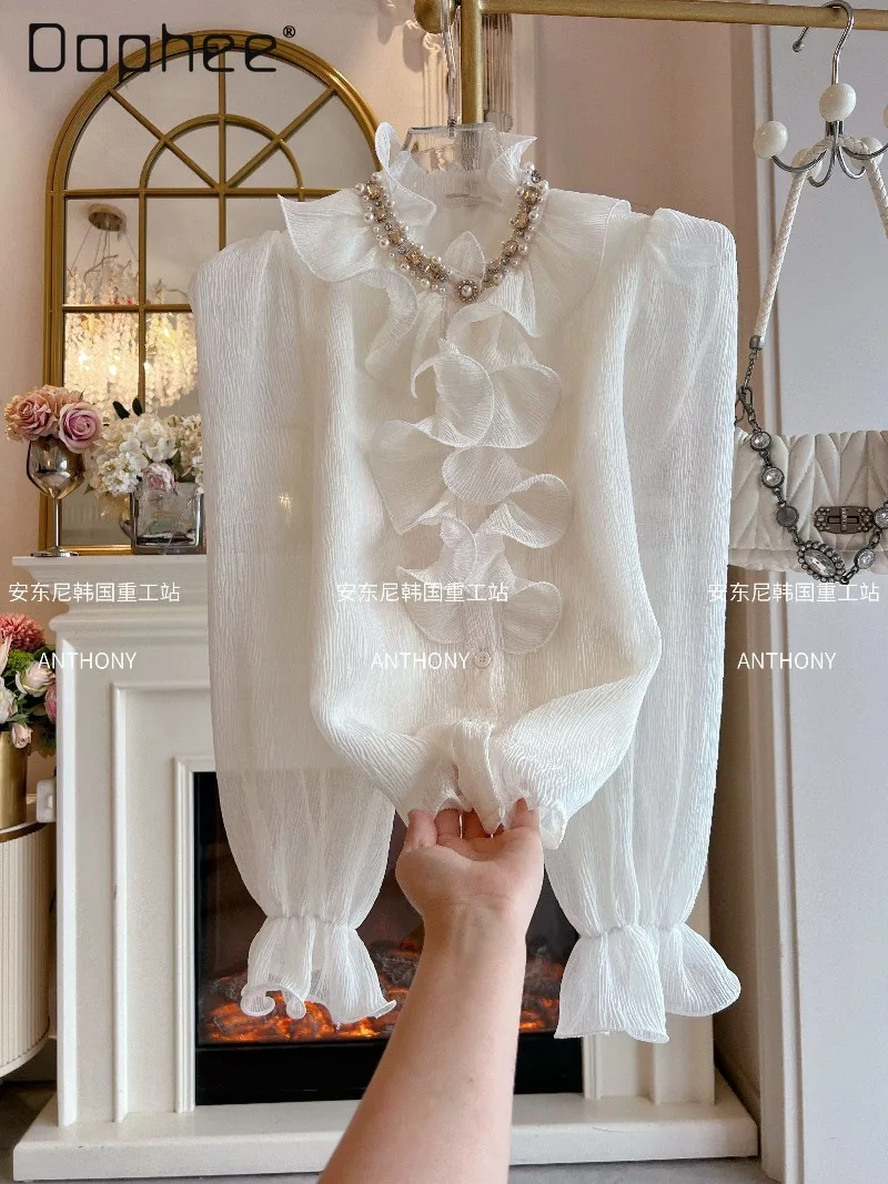 

Элегантная белая рубашка с длинными рукавами в дворцовом стиле для женщин, новинка весны 2026, милая шифоновая блузка с рюшами и украшением стразами