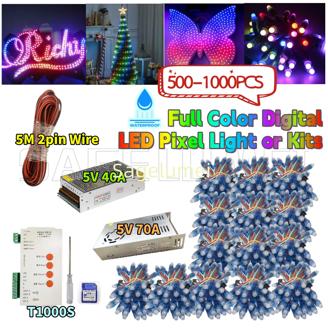 

500-1000 шт. 12 мм WS2811 Полноцветный светодиодный пиксель T1000S Комплект постоянного тока 5 В IP68 водонепроницаемый RGB цвет 2811 1903IC Цифровой светодиодный рождественский светильник