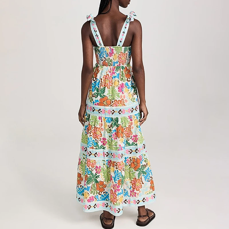 Vestidos de vacaciones plisados con estampado Floral a la moda, vestido largo con tirantes finos de verano, vestido bohemio sin mangas de corte bajo para playa, vestido Sexy