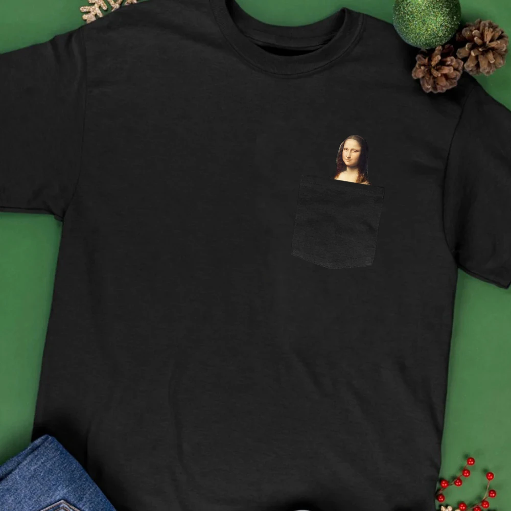 تي شيرت قطني قصير الأكمام للنساء ، مونا ليزا ، قطط حيوانات ، إصبع متوسط ، جيب مطبوع ، طلاء مضحك ، ملابس نسائية