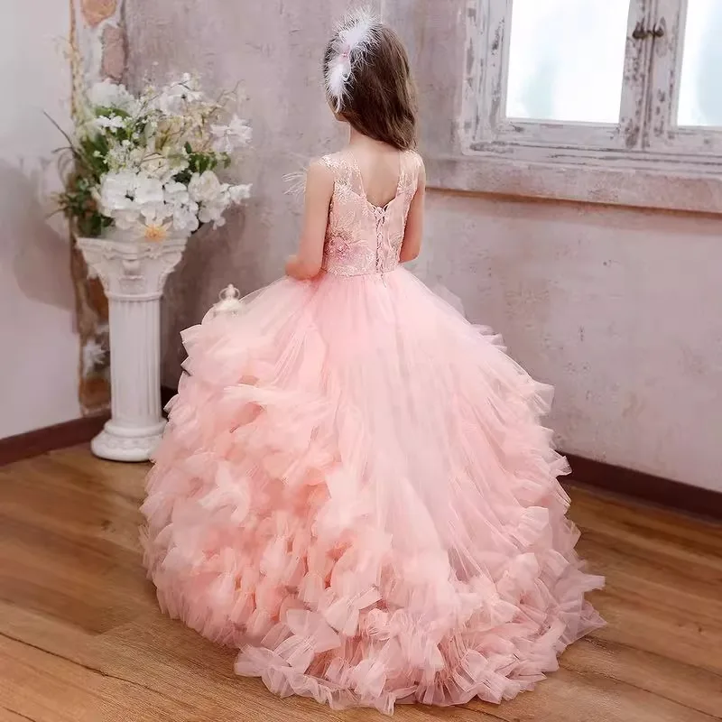 

Pink Girl's Dress with Train Princess Dress Children's Stage Show Little Wedding Dress Dreamy Puffy Dress High-end Niche