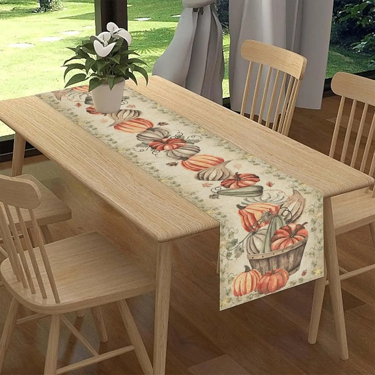 Fall Harvest Pumpkin Leaf Linen Table Runner Holiday Party Decor Reusable Kitchen Dining Table Runner Thanksgiving Decorations