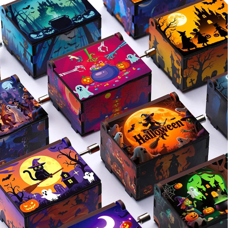 Halloween mini manivela caixa de música seis lados pintado caixa musical de madeira presente vintage para festa de férias decoração de casa