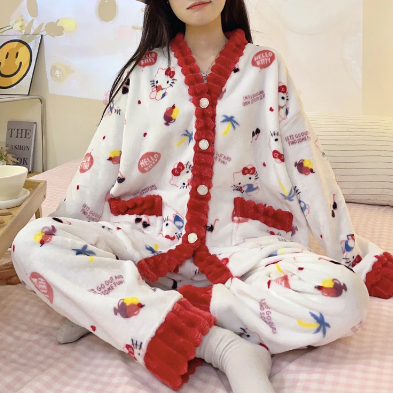 New Sanrio Hello Kitty Anime Women's Pajamas Fall and Winter Thickened Long-sleeved Pants Suit Kawaii Loose Comfortable Homewear