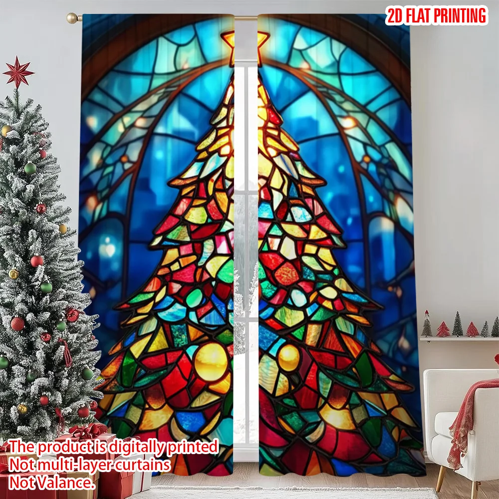 

2pcs 2D flat printing Merry Christmas Popular Curtain Christmas tree stained glass style Versatile Polyester Fabric Without