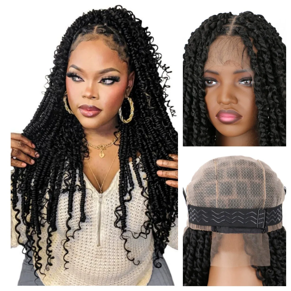Pelucas trenzadas de pelo Passion Twist, peluca con malla frontal completa, peluca trenzada sintética sin nudos con parte cuadrada y extremo rizado para mujeres negras