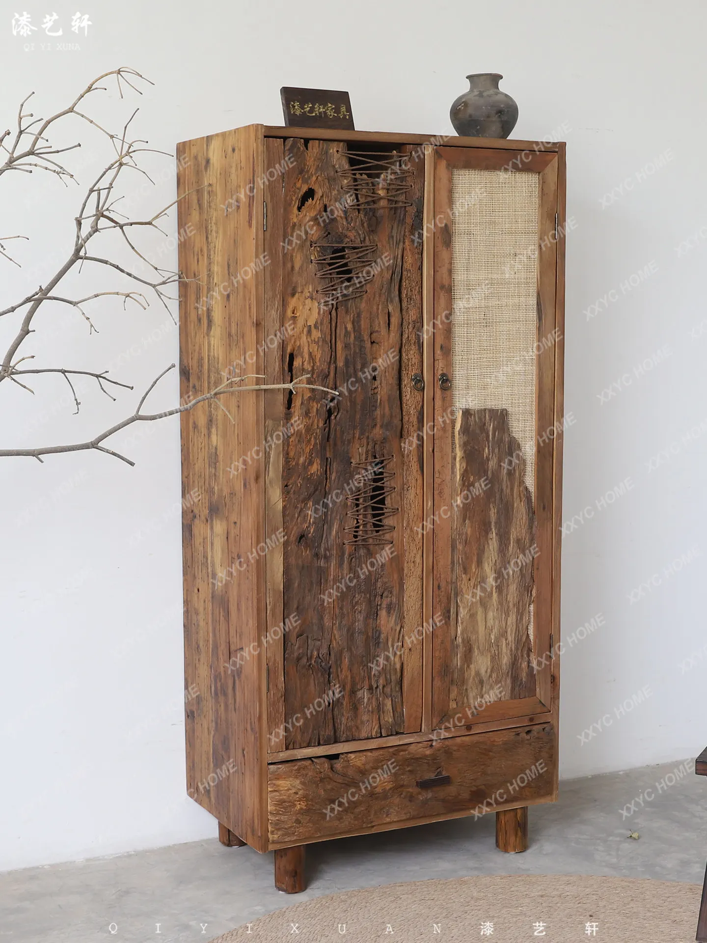 Rattan double door wardrobe household bedroom solid wood locker storage cabinet
