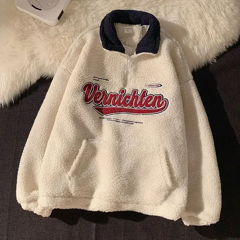 Vintage Letter Embroidery Sweatshirts Women Harajuku V-neck Long Sleeve Pullovers Winter Warm Lambswool Oversize Baseball Y2K