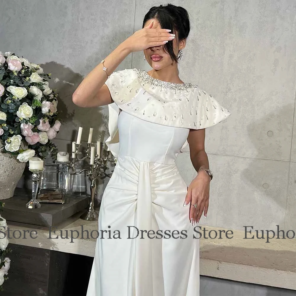 高級カクテルドレス 2025 サテン Aライン 誕生日パーティードレス アイボリー Oネック ビーズ プリーツ ラッフル プロムドレス ミディ