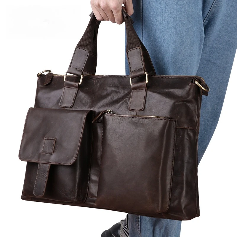 Men's Genuine Leather Business Briefcase 17-Inch Laptop Bag Horizontal Shoulder Cowhide Top Layer