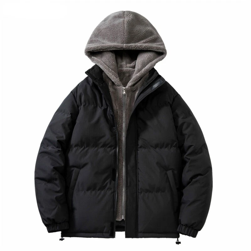 

Mens Fake Two Piece Winter Hooded Jacket 2022 Fashion Fleece Splicing Jacket Coat Male Cotton Padded Warm Outwear