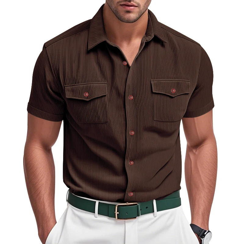 Summer Corduroy Safari Style Shirt Men Solid Multiple Pockets Short Sleeve Smart Casual Shirt Man Turn-Down Collar Daily Blouse