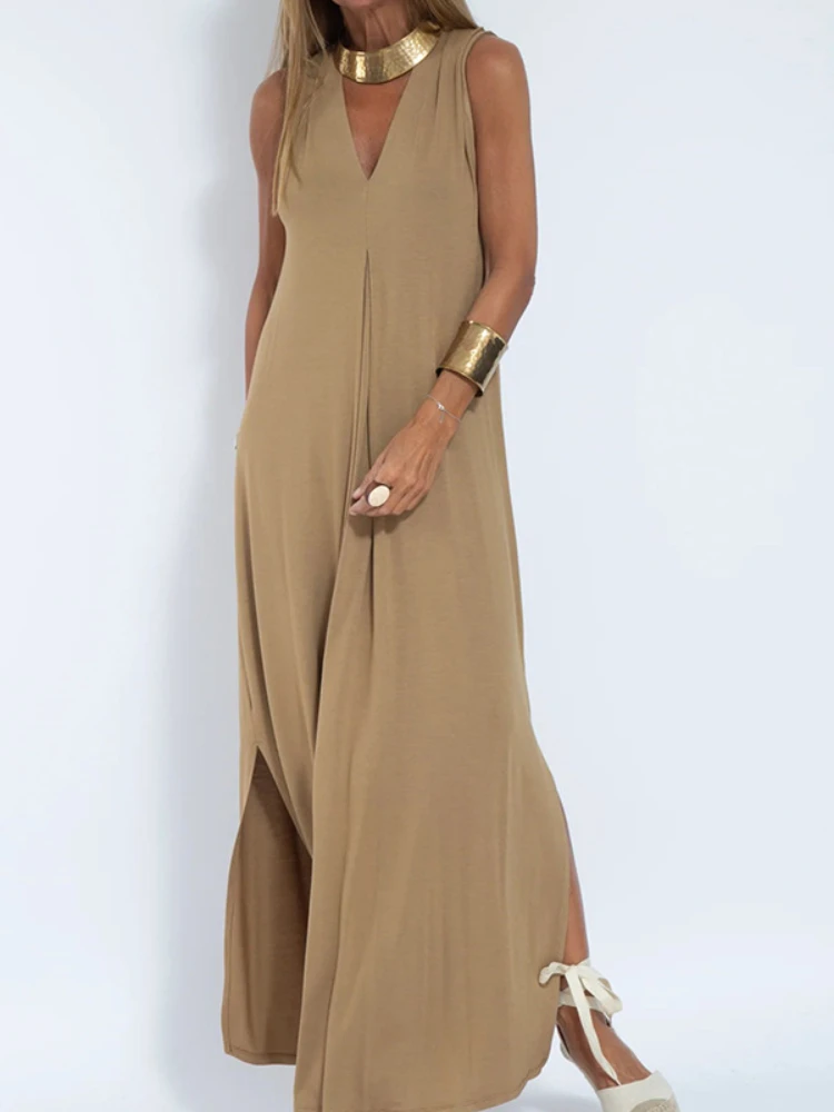 2025 New Solid Color Pullover V-Neck Beach Resort Elegant Long Dress Loose Sleeve Cardigan Casual Two Piece Se t