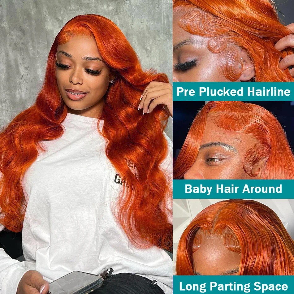 220% 16 36 Inch Body Wave Ginger Orange 13x6 Lace Front Human Hair Wigs 4x4 Lace Frontal Wig Glueless Ready To Go Wear Remy Hair