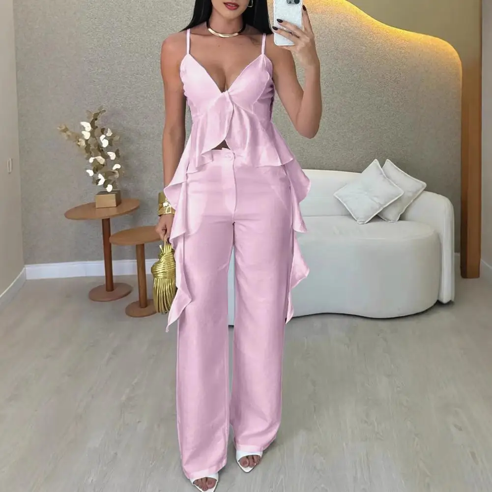 

Women's 2 Pcs/Set V-Neck Top with Pants Ruffled Camisole Top with Straight Pants Summer Casual Outfit for Office Party Street