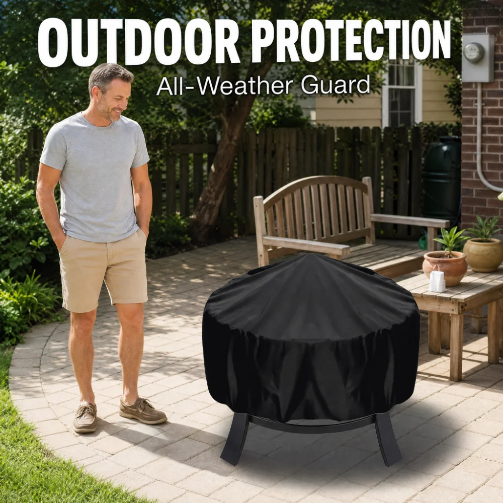 1pc Fire Pit Cover with Drawstring  - Waterproof, Heavy Duty, Heat and Stain Resistant BBQ Grill Cover for Outdoor Protection