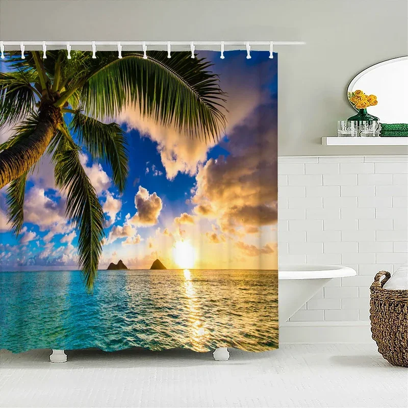 Waterproof Shower Curtain Various Sunshine Beach Scenery Seaside 3D Printing Shower Curtain Polyester Home Decor Curtain 180x180