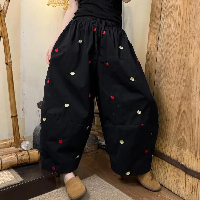 New Summer Arts Style Women Elastic Waist Cotton Wide Leg Pants Fruit Embroidery Loose Casual Ankle-length Pants Good Quality