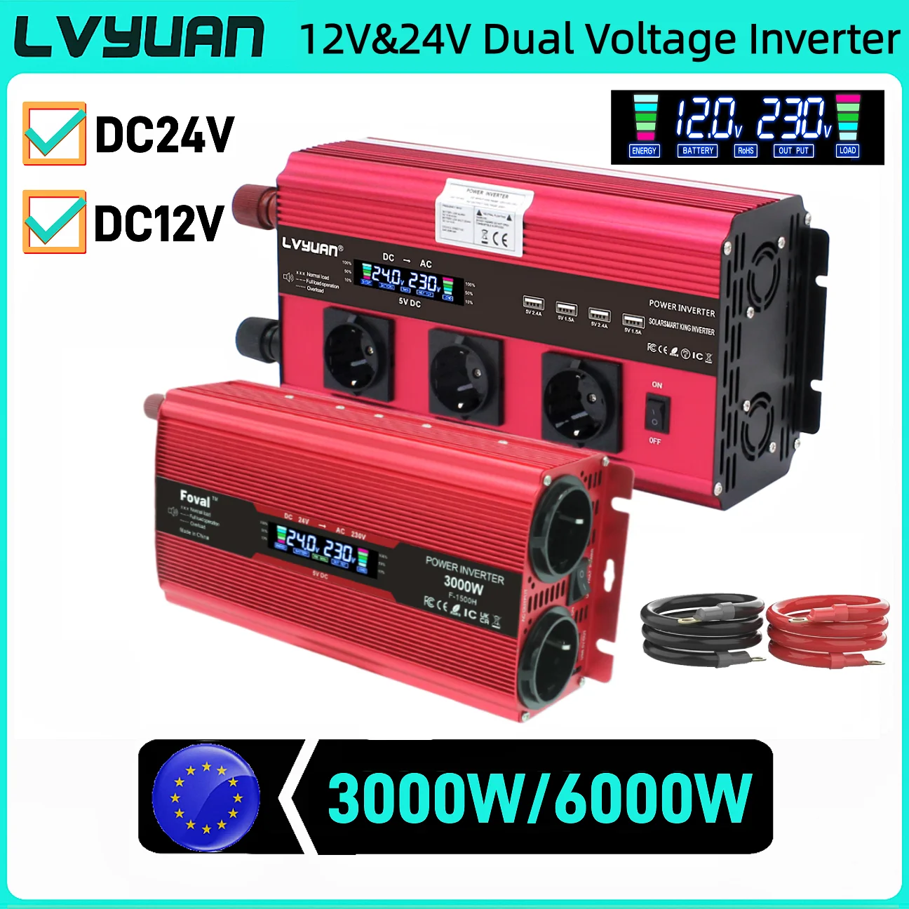 Onduleur de tension à double entrée adapté pour 12V et 24V - AC220V, puissance de crête 3000W 6000W, pour le travail/réveil/voyage en plein air