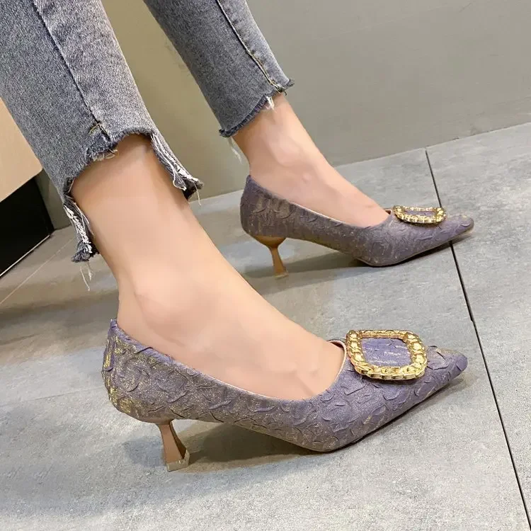 Metal Square Buckle Thin Heel High Heels Women Pointed Toe Temperament Single Shoes Pleated Details Shallow Mouth Woman Shoes 42