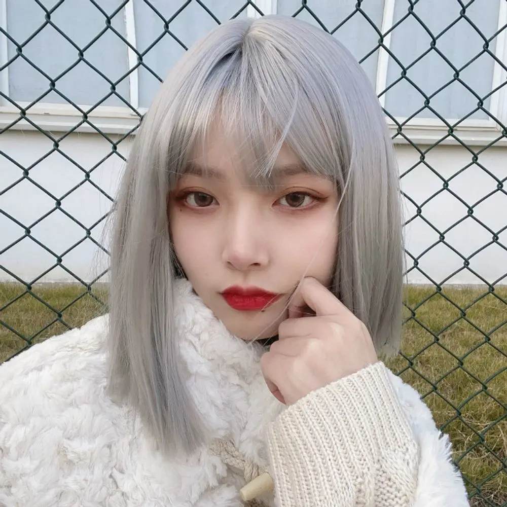 Air Bangs Bobo Short Straight Wig Comic Silver Gray Cosplay High Temperature Fiber Synthetic Wigs Pelucas Hair Daily Party Use