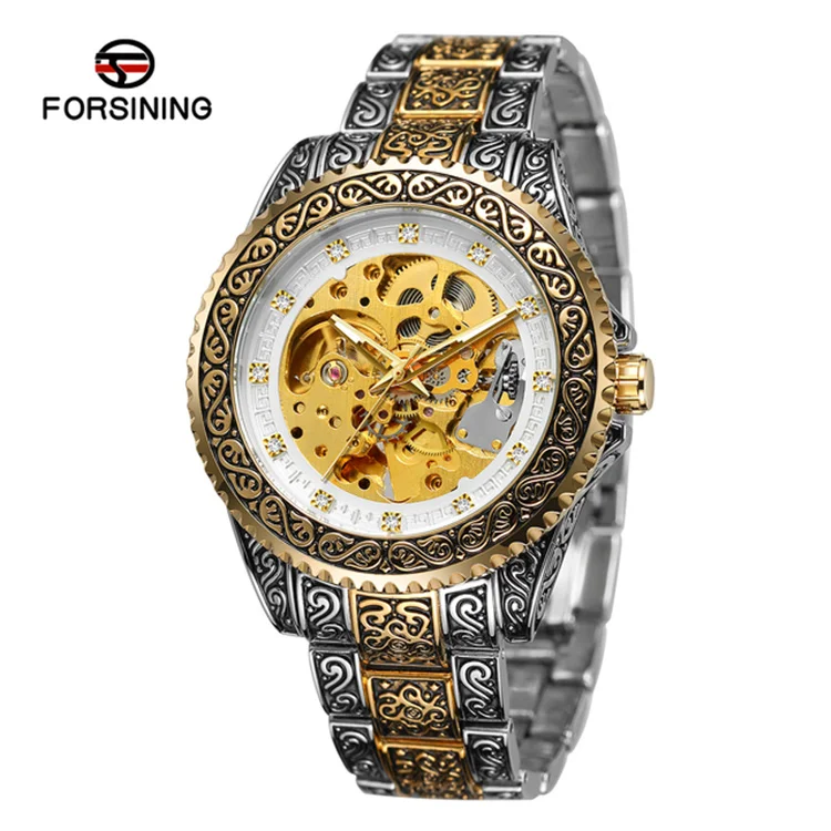 Fashion Forsining 378 Top Brand Automatic Mechanical Waterproof Full Stainless Steel Diamond Golden Men Vintage Wrist Watches