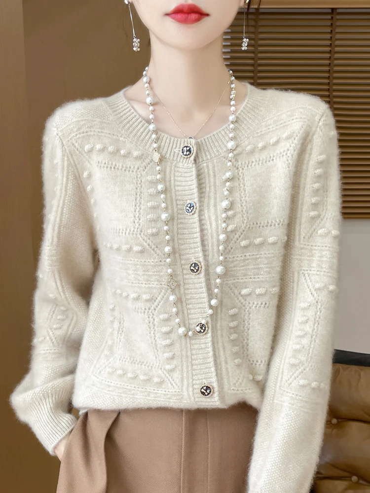 

24 Autumn/Winter New 100% Merino Wool Cardigan Women's Round Neck Jacquard Hollow Loose Coat Wool Sweater Knitted Top