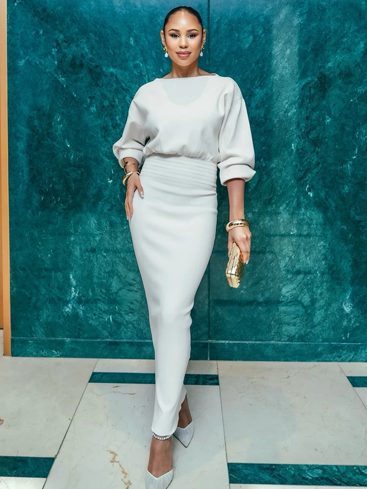 PB Frühherbst Neues weißes langes Kleid – langärmliges, schmal geschnittenes Abendkleid für Cocktailpartys und formelle Anlässe, Urlaubs-Vestid