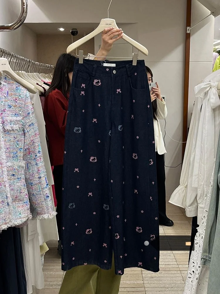 

High Waist Wide Leg Denim Pants Women's Summer New Cartoon Embroidery Knot Design Vintage High Street Style Jeans