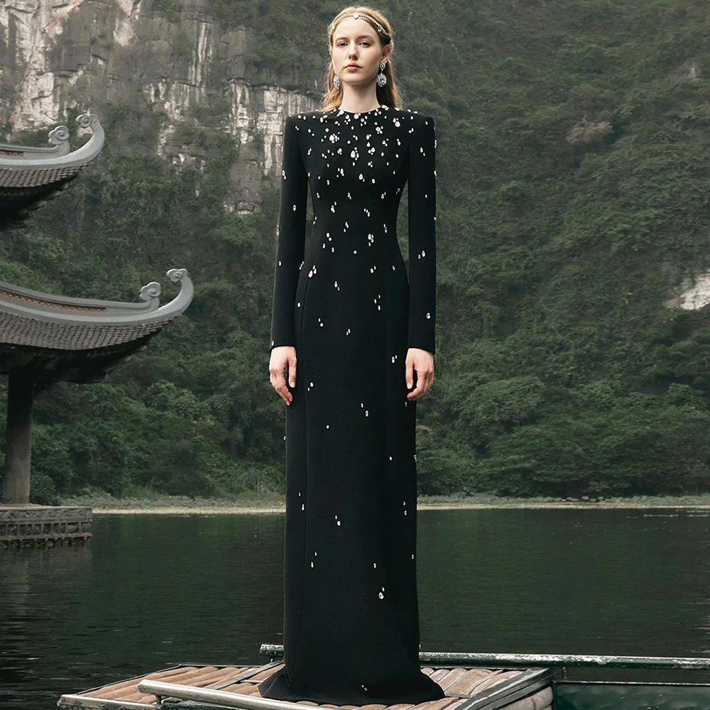 Black Evening Dresses Round Neck Full Sleeves High Qualtiy Crystal Rhinestones Floor Length Saudi Arab Prom Dress Party Gown