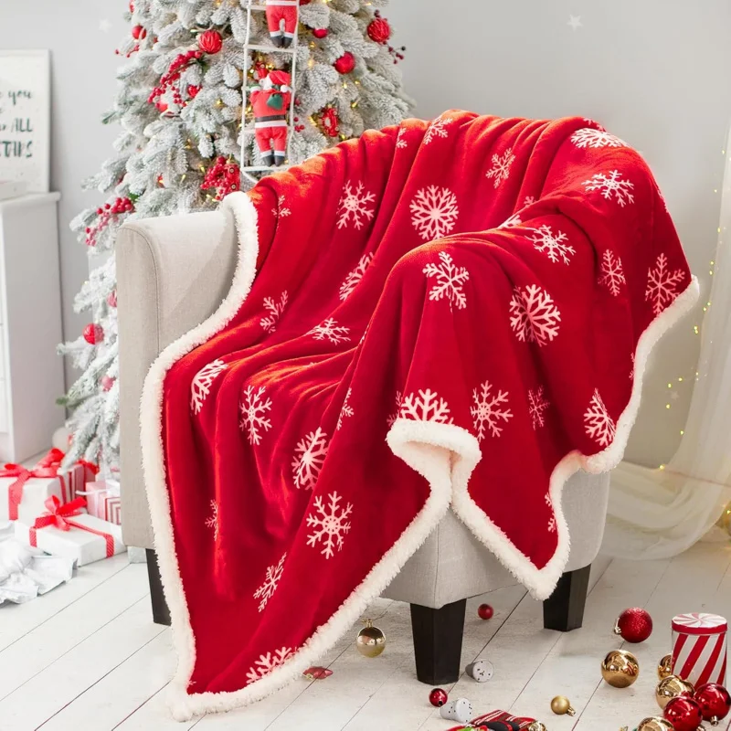 Red Christmas blanket, fluffy soft and comfortable cushion blanket, wool flannel plush microfiber sofa blanket (60 inches X 50 i