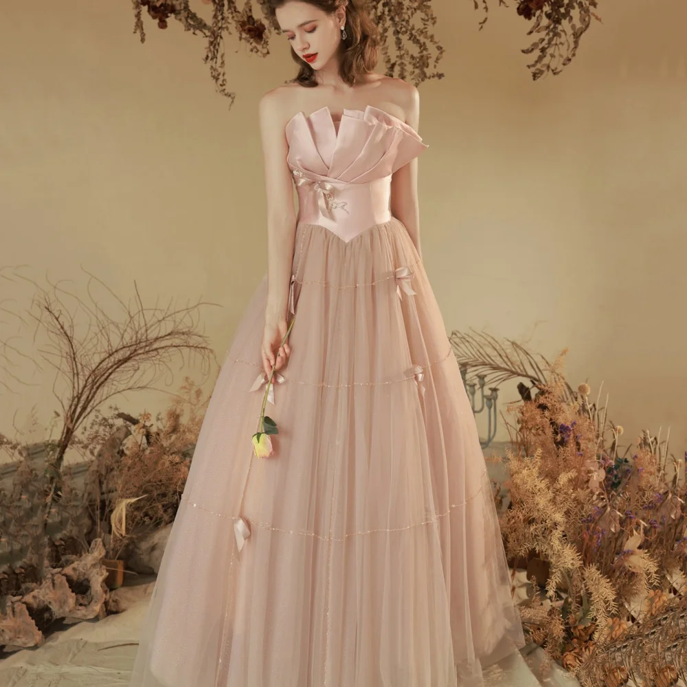 

Elegant Tulle Customized Prom Dress A Line Bow Evening Gowns Strapless Party Dresses Lace Up New robes de soirée