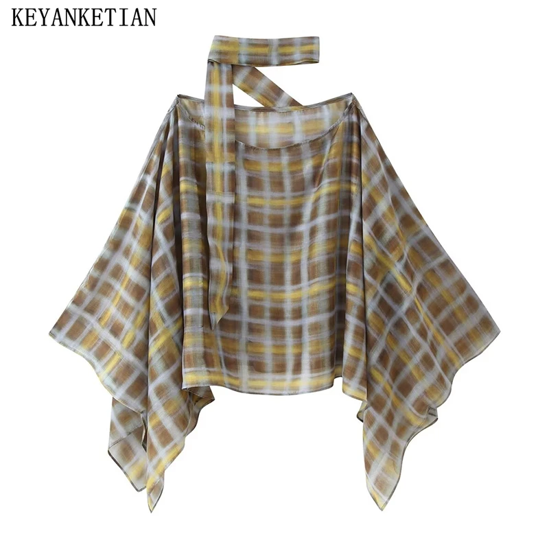 

KEYANKETIAN, осенняя новая женская одежда, висячая шея, сетка с принтом, рукав «летучая мышь», нерегулярный шарф, плащ, женский топ с капюшоном