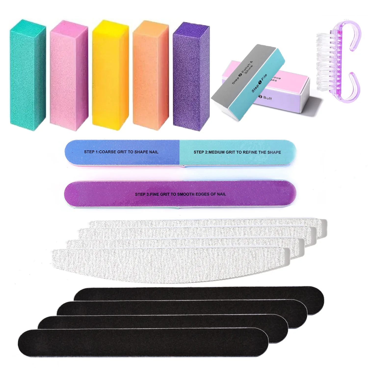 18PCS Nail Care Tools Set, 4 Side Polishing Block, Double Side Polishing Strips for Manicure 100/180 Coarseness Rub Strips