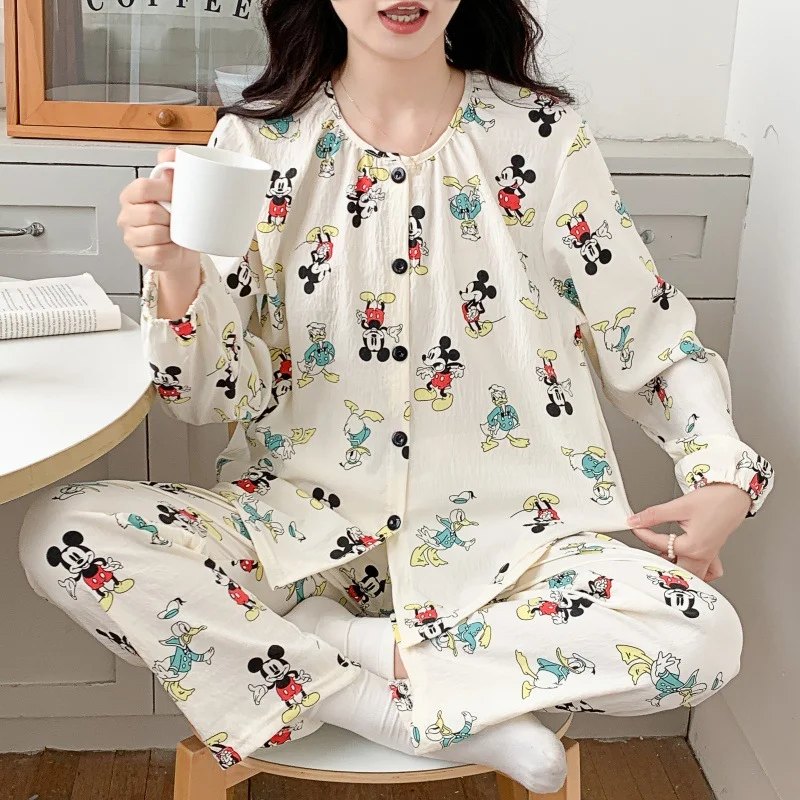 Disney Mickey autumn new pajamas women\'s cloud cotton crew neck cardigan Mickey cartoon sweet and comfortable girl loungewear