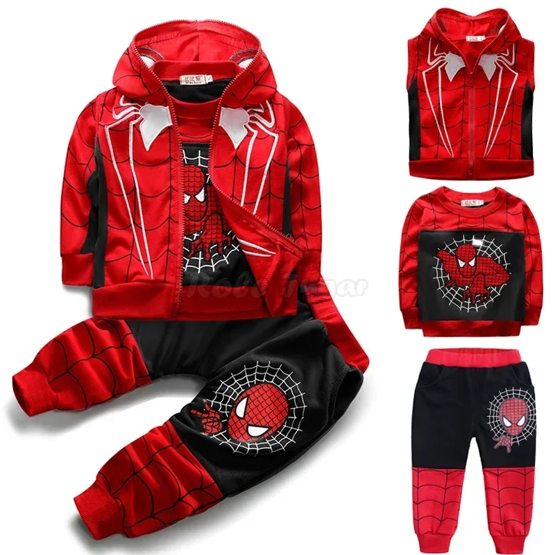 2024 New 3pcs Cartoon Print Spiderman Cosplay Costume Kids Boys Sleeveless Hooded Vest +T Shirt+Pant Tracksuit Children Outfits