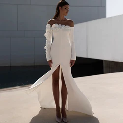 Vestido de casamento chique com flores 3D, manga comprida, o-pescoço, fenda frontal sexy, comprimento do chão sereia, vestido de noiva, tule e jersey, vestidos personalizados