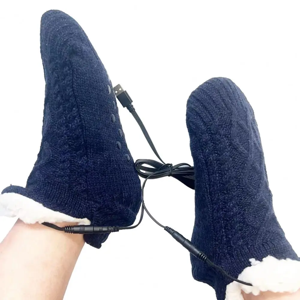

USB Heated Fleece Socks Electric Knitted Heating Pad Foot Warmer with Non-Slip Grippers Winter House Thermal Socks Slippers