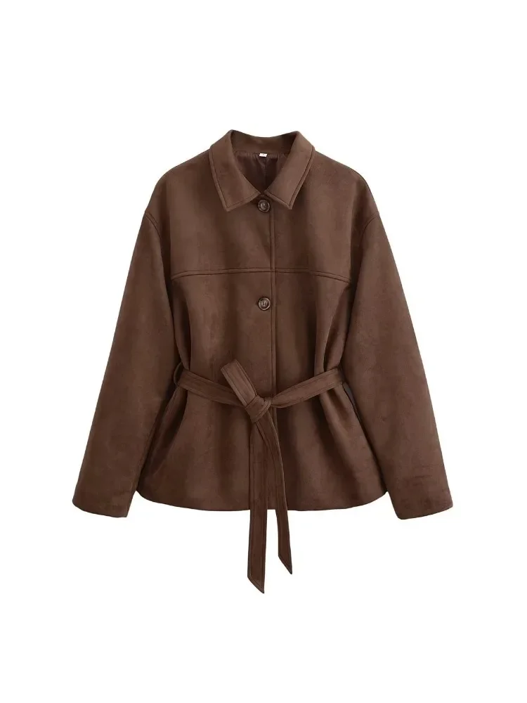 Fashion Women Belt Suede Jacket Single Button Long Sleeve Crop Coat Casual Brown Lapel Pocket Suede Leather Jacket 2024 Outwear