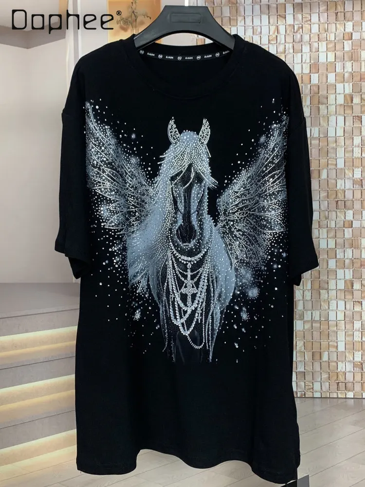 

Trendy Brand Cartoon Age-Reducing Loose Short-Sleeve T-Shirt for Women New Fashion Heavy Rhinestone Top Women Clothing