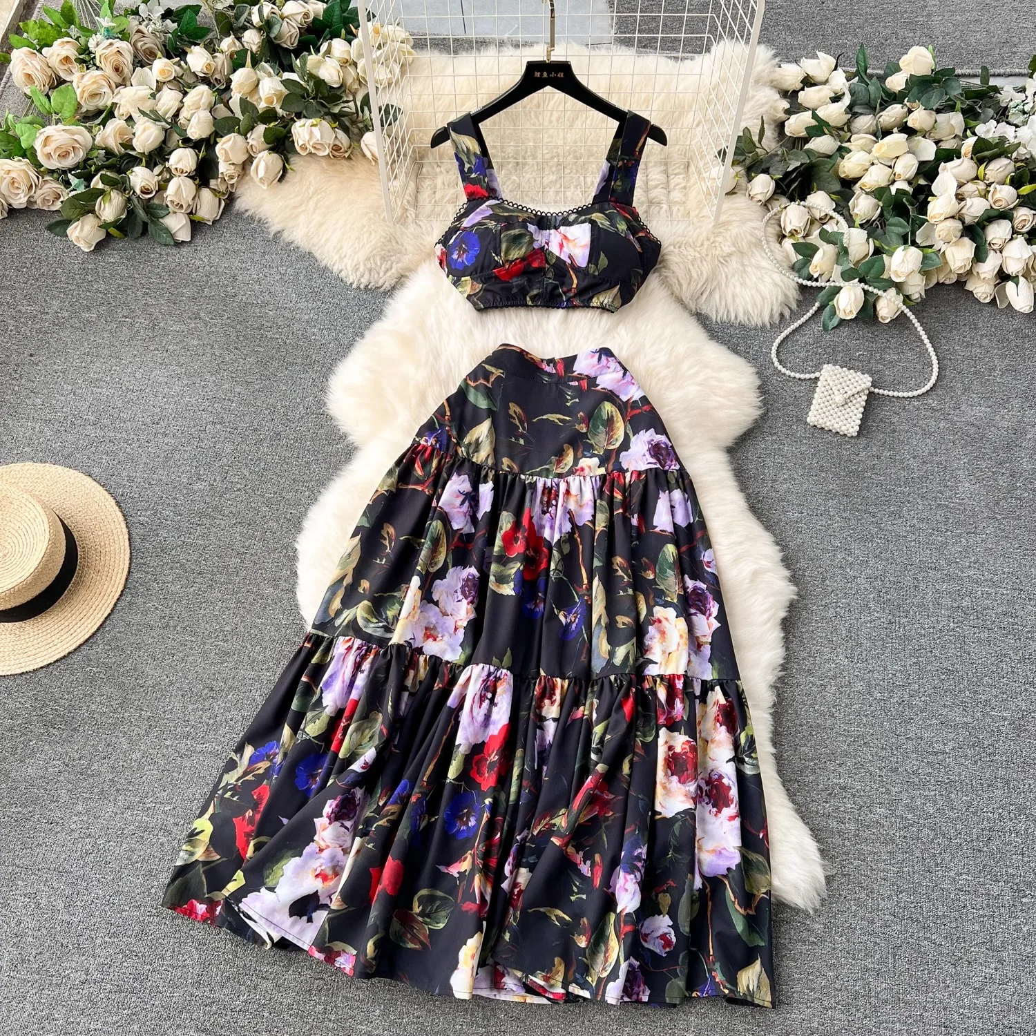 Runway Summer Maxi Skirt Top Suit Two Pieces Womens Outfits Fashion Floral Print Spaghetti Strap Holiday Beach Dress Set