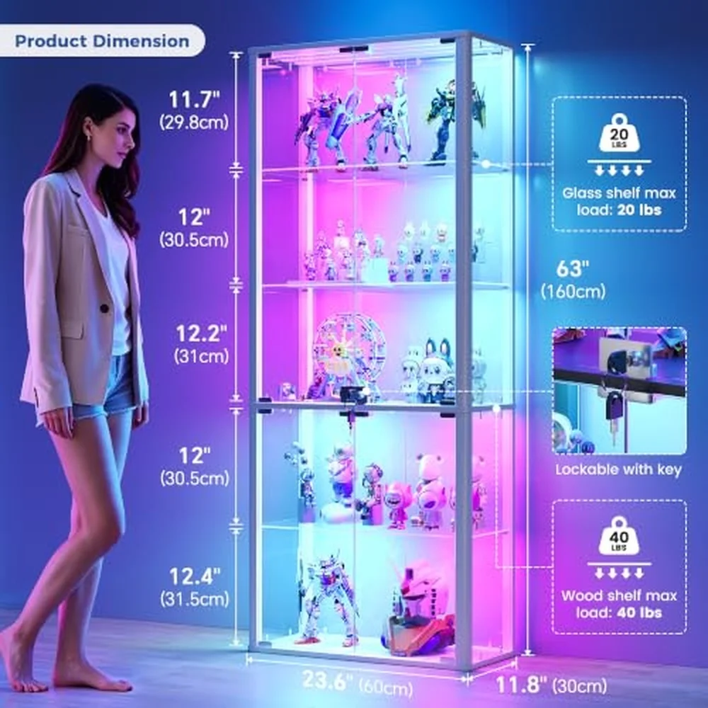 5 Tier Glass Display Cabinet with RGB Light and Auto Sensor White